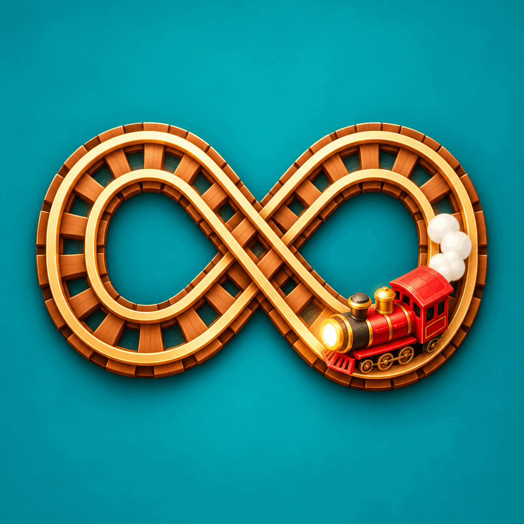 Golden infinity railway track with a red steam train